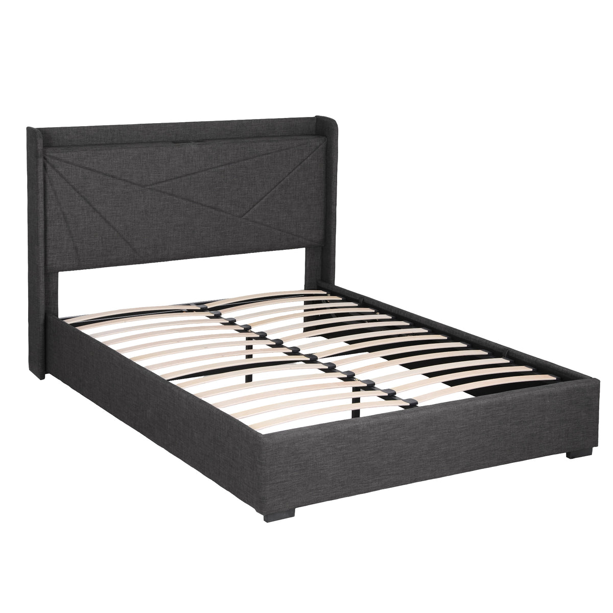 Artiss Queen Bed Frame Gas Lift Storage Bed with Charging Ports Upholstered Geometric Headboard Charcoal Grey