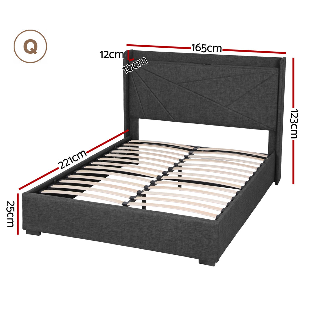 Artiss Queen Bed Frame Gas Lift Storage Bed with Charging Ports Upholstered Geometric Headboard Charcoal Grey