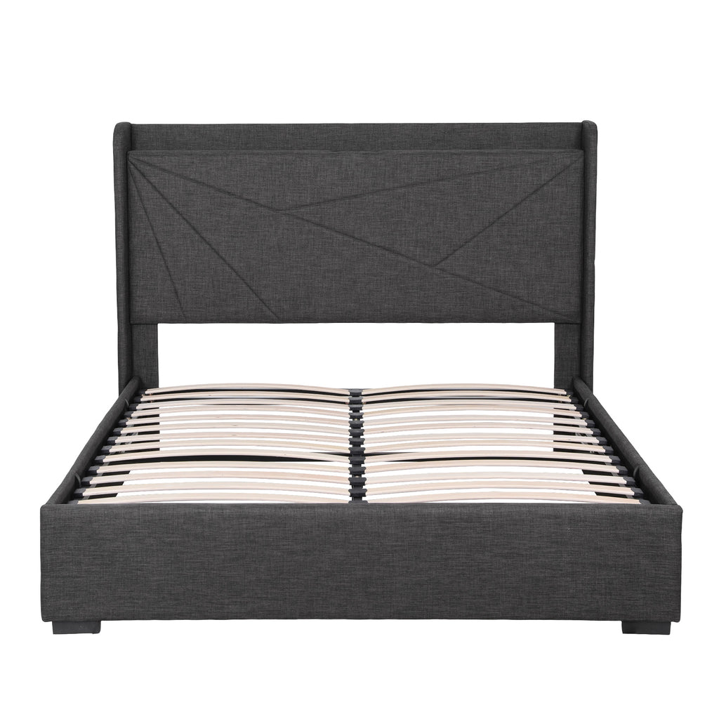 Artiss Queen Bed Frame Gas Lift Storage Bed with Charging Ports Upholstered Geometric Headboard Charcoal Grey