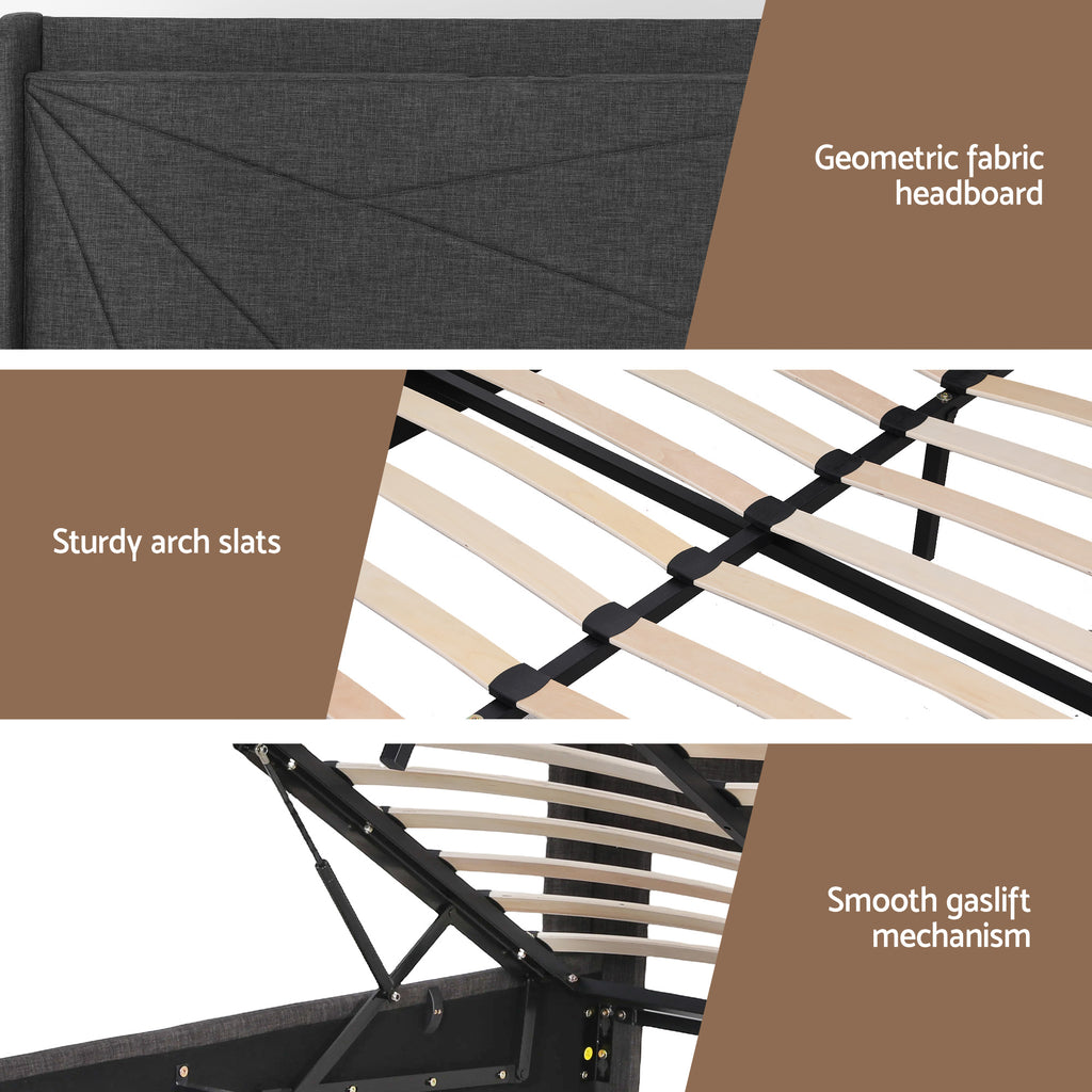 Artiss Queen Bed Frame Gas Lift Storage Bed with Charging Ports Upholstered Geometric Headboard Charcoal Grey