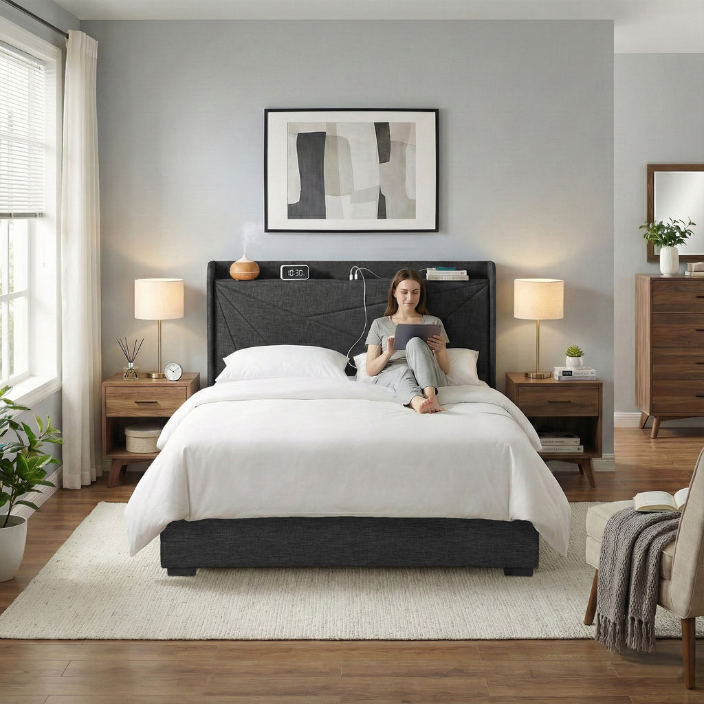 Artiss Queen Bed Frame Gas Lift Storage Bed with Charging Ports Upholstered Geometric Headboard Charcoal Grey